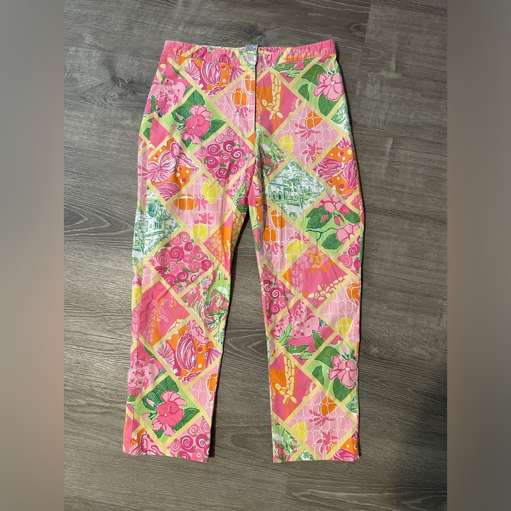 Lilly Pulitzer Sz 4 Vintage Patchwork Print Colorful Casual Elegant‎ Crop Pants